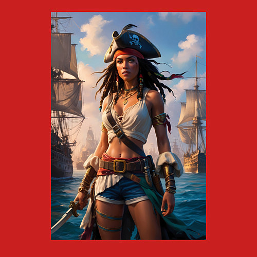 Мужской свитшот Пиратка на фона флотилии кораблей / Красный – фото 3