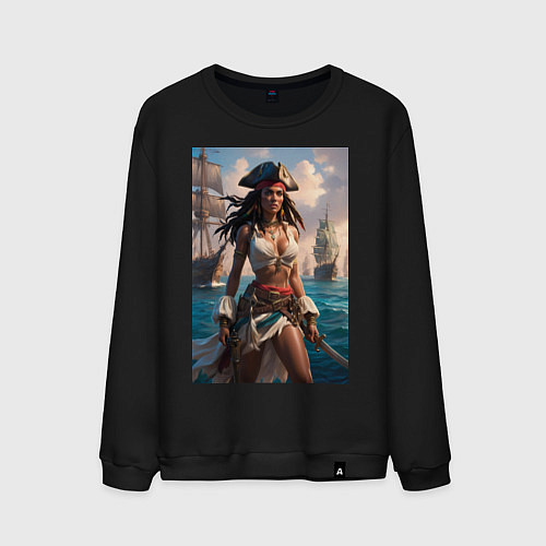 Мужской свитшот Пиратка на фона флотилии кораблей / Черный – фото 1