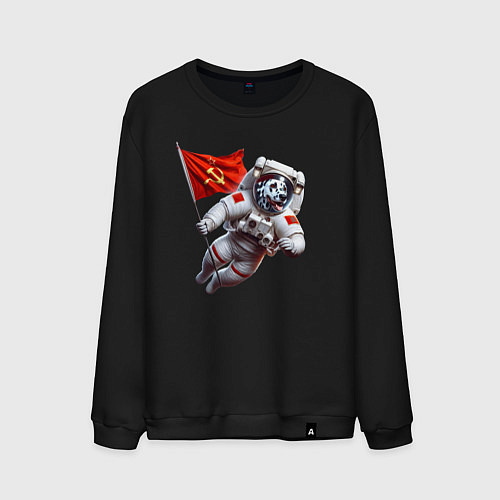 Мужской свитшот Далматинец космонавт с красным флагом СССР / Черный – фото 1