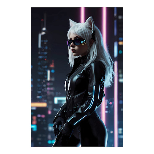 Мужской свитшот Девушка с кошачьими ушами стоит на фоне небоскребо / Белый – фото 3