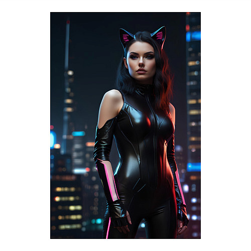 Мужской свитшот Девушка с кошачьими ушами стоит на фоне небоскребо / Белый – фото 3