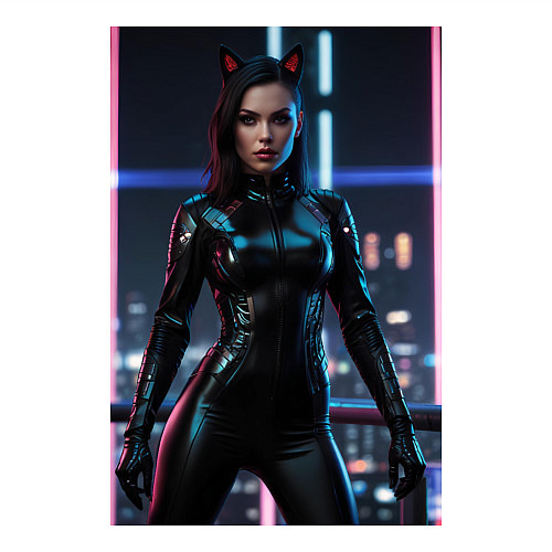 Мужской свитшот Девушка с кошачьими ушами стоит на фоне небоскребо / Белый – фото 3