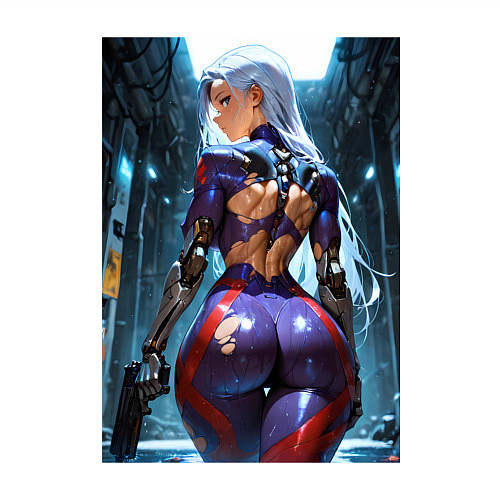 Мужской свитшот Девушка с оружием в киберпанк стиле / Белый – фото 3