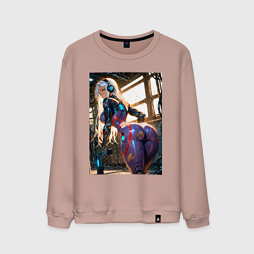 Мужской свитшот Девушка с оружием в киберпанк стиле / Пыльно-розовый – фото 1