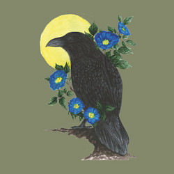 Свитшот хлопковый мужской Чёрный ворон на ветке под луной среди синих цветов, цвет: авокадо — фото 2