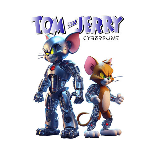 Мужской свитшот Cyborg Tom and Jerry - ai art fantasy / Белый – фото 3