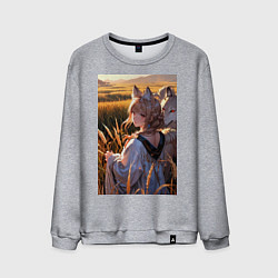 Свитшот хлопковый мужской Девушка-волчица посреди поля пшеницы, цвет: меланж