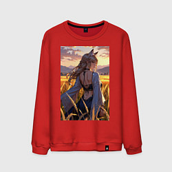 Свитшот хлопковый мужской Девушка-волчица посреди поля пшеницы, цвет: красный