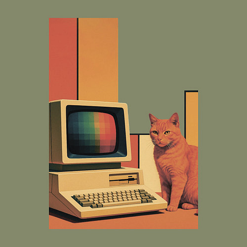 Мужской свитшот Рыжий кот сидит у старого компьютера ретро поп-арт / Авокадо – фото 3