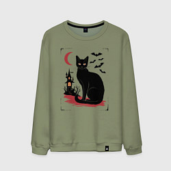 Свитшот хлопковый мужской Кот и летучие мыши, Хэллоуин, цвет: авокадо