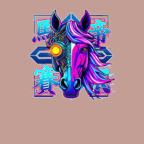 Мужской свитшот Киберпанк лошадь с неоновыми иероглифами / Пыльно-розовый – фото 3