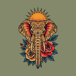 Свитшот хлопковый мужской Слон на фоне солнца с розами в стиле тату, цвет: авокадо — фото 2