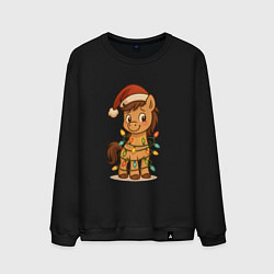 Свитшот хлопковый мужской Лошадка в гирлянде, цвет: черный