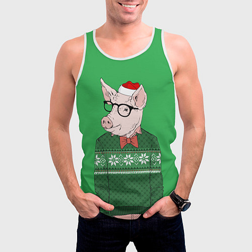 Мужская майка без рукавов New Year: Hipster Piggy / 3D-Белый – фото 3