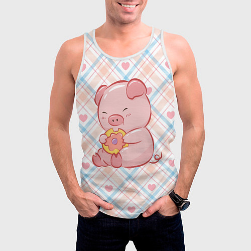 Мужская майка без рукавов Свинка ест пончик / 3D-Белый – фото 3