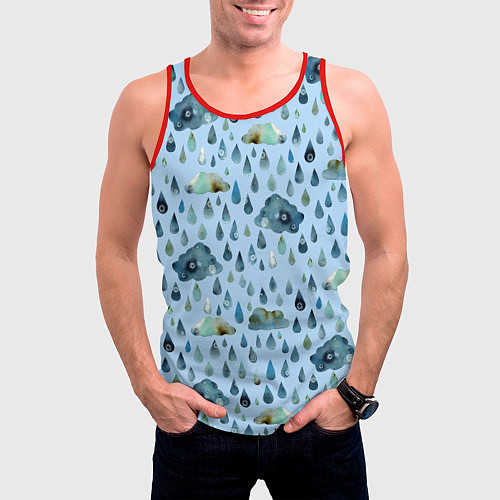 Мужская майка без рукавов Дождливая осень Тучки и дождь / 3D-Красный – фото 3