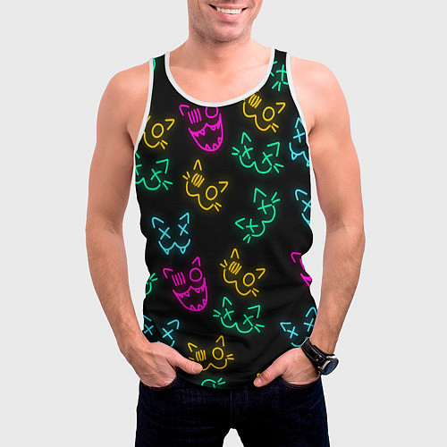 Мужская майка без рукавов НЕОНОВЫЕ КОТИКИ NEON FACES CATS / 3D-Белый – фото 3
