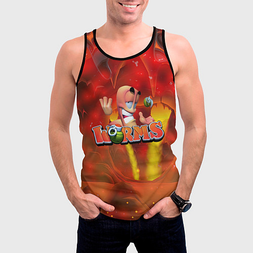 Мужская майка без рукавов Worms червяк и граната / 3D-Черный – фото 3