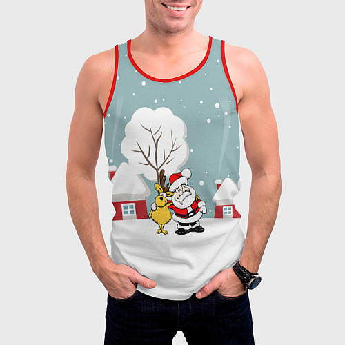 Мужская майка без рукавов Деревенский Новый Год Дед Мороз и Олень / 3D-Красный – фото 3
