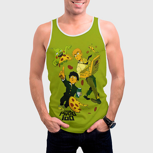 Мужская майка без рукавов Шигео, Ямочки и Рэйгэн налет на пиццу - Mob Psycho / 3D-Белый – фото 3