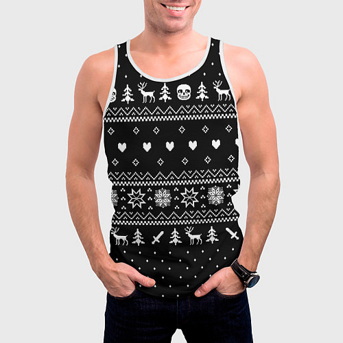 Мужская майка без рукавов НОВОГОДНИЙ СВИТЕР UNDERTALE SANS ЧЁРНЫЙ / 3D-Белый – фото 3