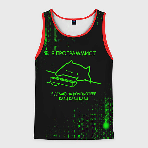 Мужская майка без рукавов КОТ ПРОГРАММИСТ МАТРИЦА CAT MATRIX / 3D-Красный – фото 1