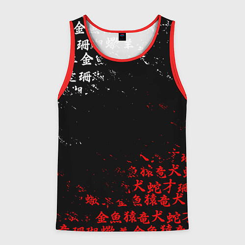 Мужская майка без рукавов КРАСНО БЕЛЫЕ ИЕРОГЛИФЫ ЯПОНИЯ БРЫЗГИ / 3D-Красный – фото 1