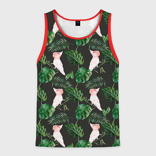 Мужская майка без рукавов Белые попугаи и листья / 3D-Красный – фото 1