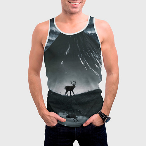 Мужская майка без рукавов Северный олень и вулкан / 3D-Белый – фото 3