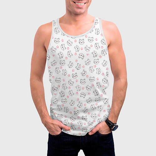Мужская майка без рукавов Кошачий паттерн с щечками и лапками Милота / 3D-Белый – фото 3