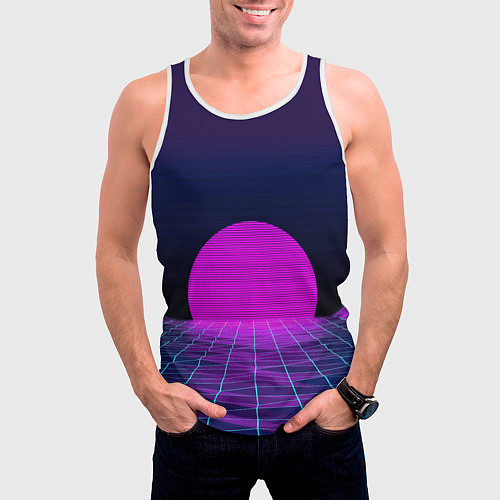 Мужская майка без рукавов Закат розового солнца Vaporwave Психоделика / 3D-Белый – фото 3