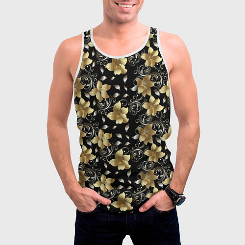 Мужская майка без рукавов Золотые цветы на черном фоне / 3D-Белый – фото 3