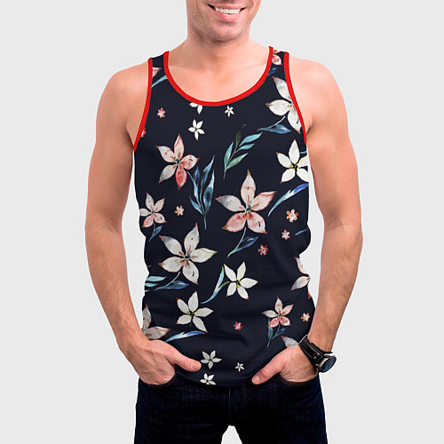 Мужская майка без рукавов Цветы Нарисованные Акварелью На Чёрном Фоне / 3D-Красный – фото 3