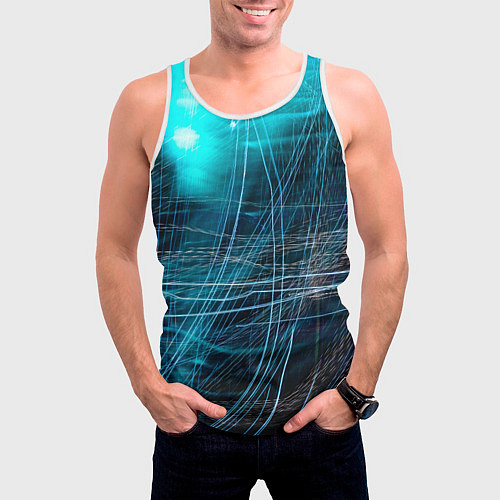 Мужская майка без рукавов Неоновые волны и линии - Голубой / 3D-Белый – фото 3