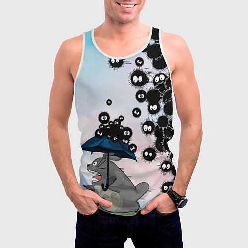 Мужская майка без рукавов Тоторо бегущий от чернушек / 3D-Белый – фото 3