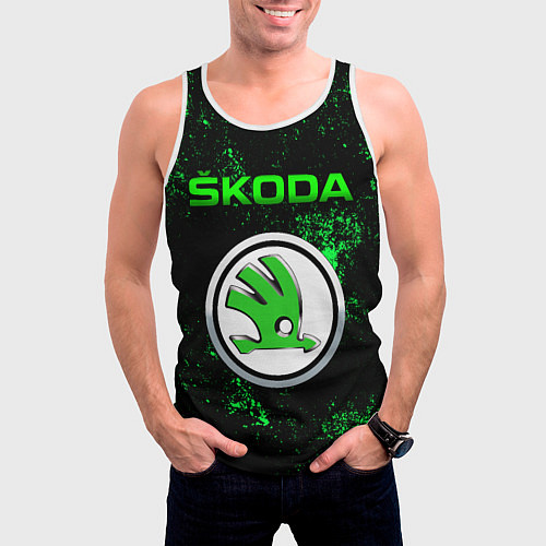 Мужская майка без рукавов SKODA - ЗЕЛЕНЫЕ БРЫЗГИ / 3D-Белый – фото 3