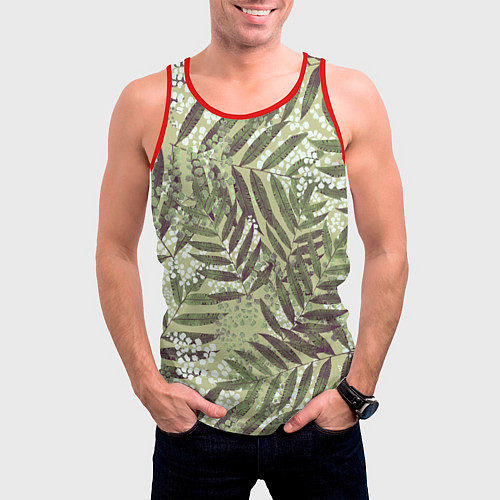 Мужская майка без рукавов Зелёные и Белые Листья Джунглей / 3D-Красный – фото 3