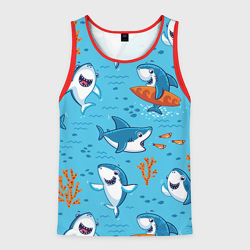 Мужская майка без рукавов Прикольные акулята - паттерн / 3D-Красный – фото 1