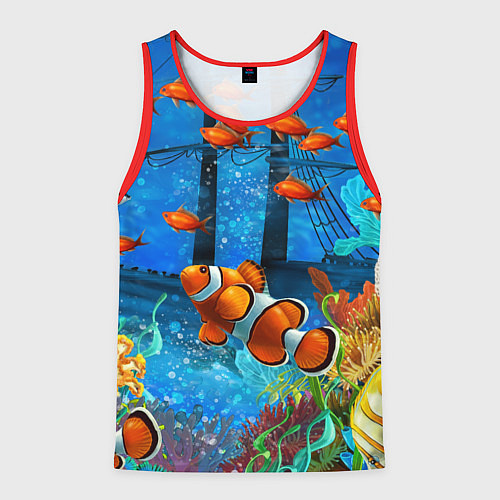 Мужская майка без рукавов Затонувший корабль в окружении обитателей океана / 3D-Красный – фото 1