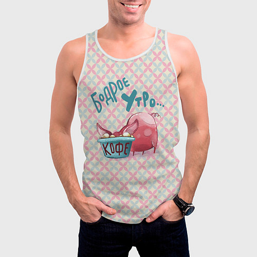 Мужская майка без рукавов Бодрое утро - свинка пьет кофе / 3D-Белый – фото 3