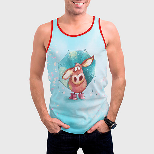 Мужская майка без рукавов Свинка под зонтиком в дождь / 3D-Красный – фото 3