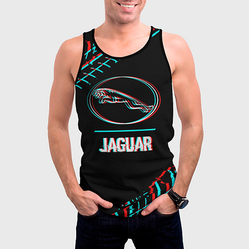 Мужская майка без рукавов Значок Jaguar в стиле glitch на темном фоне / 3D-Черный – фото 3