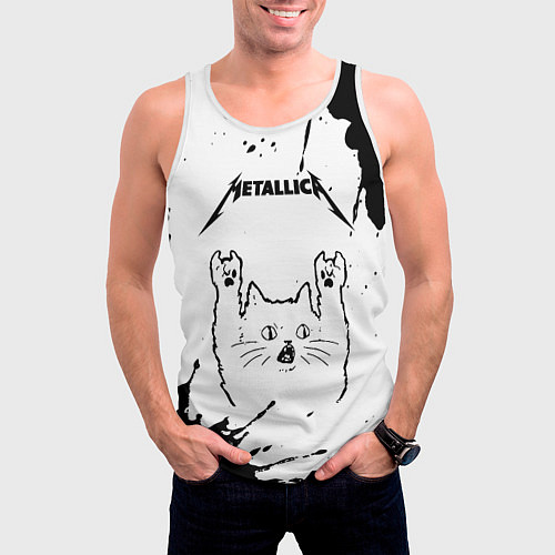 Мужская майка без рукавов Metallica рок кот на светлом фоне / 3D-Белый – фото 3