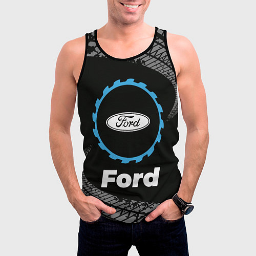 Мужская майка без рукавов Ford в стиле Top Gear со следами шин на фоне / 3D-Черный – фото 3