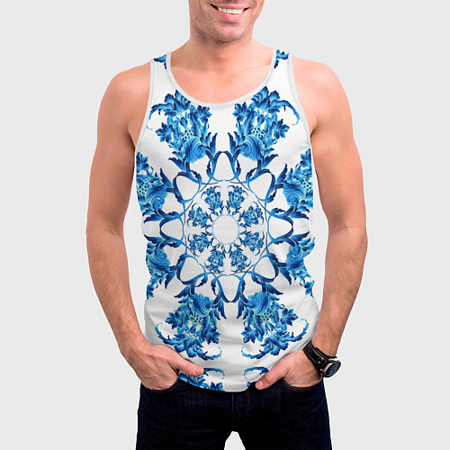 Мужская майка без рукавов Гжель синий цветок / 3D-Белый – фото 3