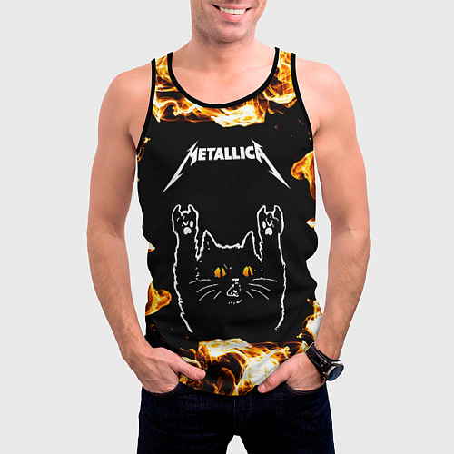 Мужская майка без рукавов Metallica рок кот и огонь / 3D-Черный – фото 3