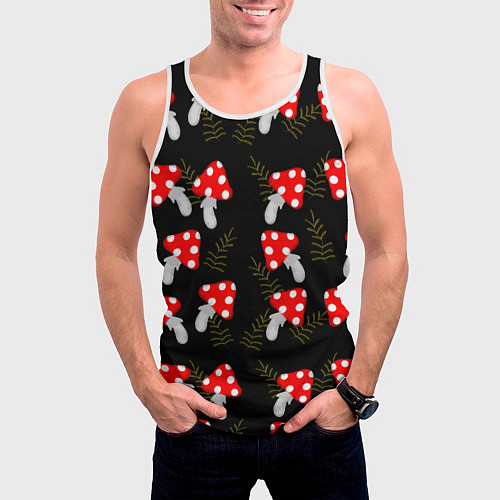 Мужская майка без рукавов Мухоморы на черном фоне / 3D-Белый – фото 3