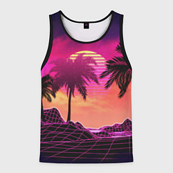 Майка-безрукавка мужская Пальмы и пляж в розовом закате ретро дизайн, цвет: 3D-черный