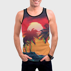 Майка-безрукавка мужская Пальмы и пляж на закате с помехами VHS ретро дизай, цвет: 3D-черный — фото 2