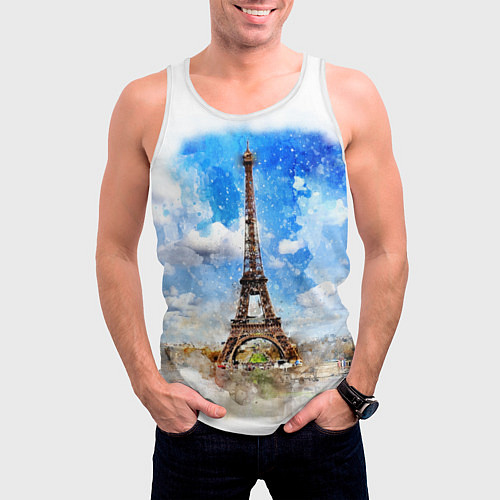 Мужская майка без рукавов Париж Эйфелева башня рисунок / 3D-Белый – фото 3